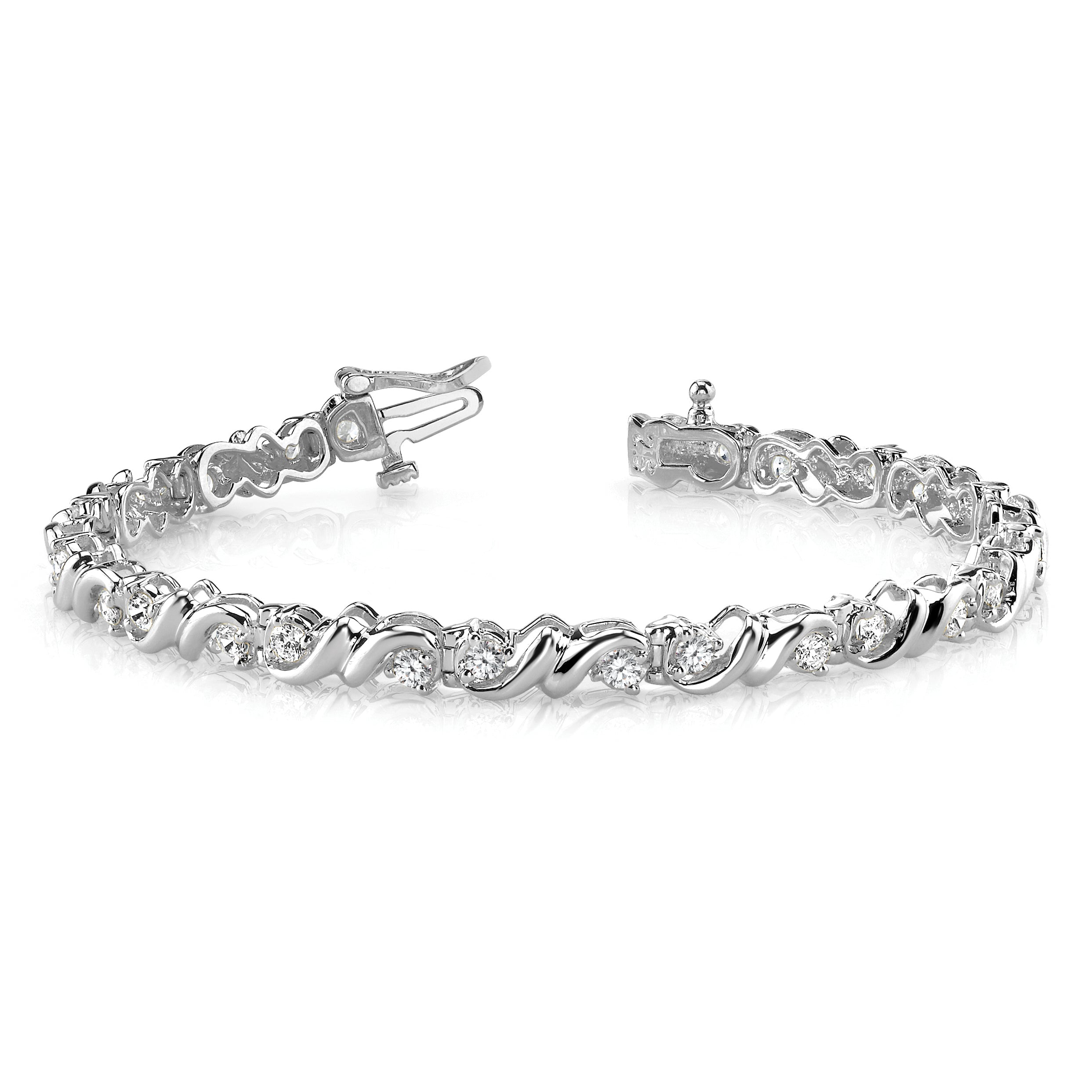 14K White Gold Complete 1.17 Carat Round Aaa Diamond Fancy Swirl 7 Inch Tennis Bracelet