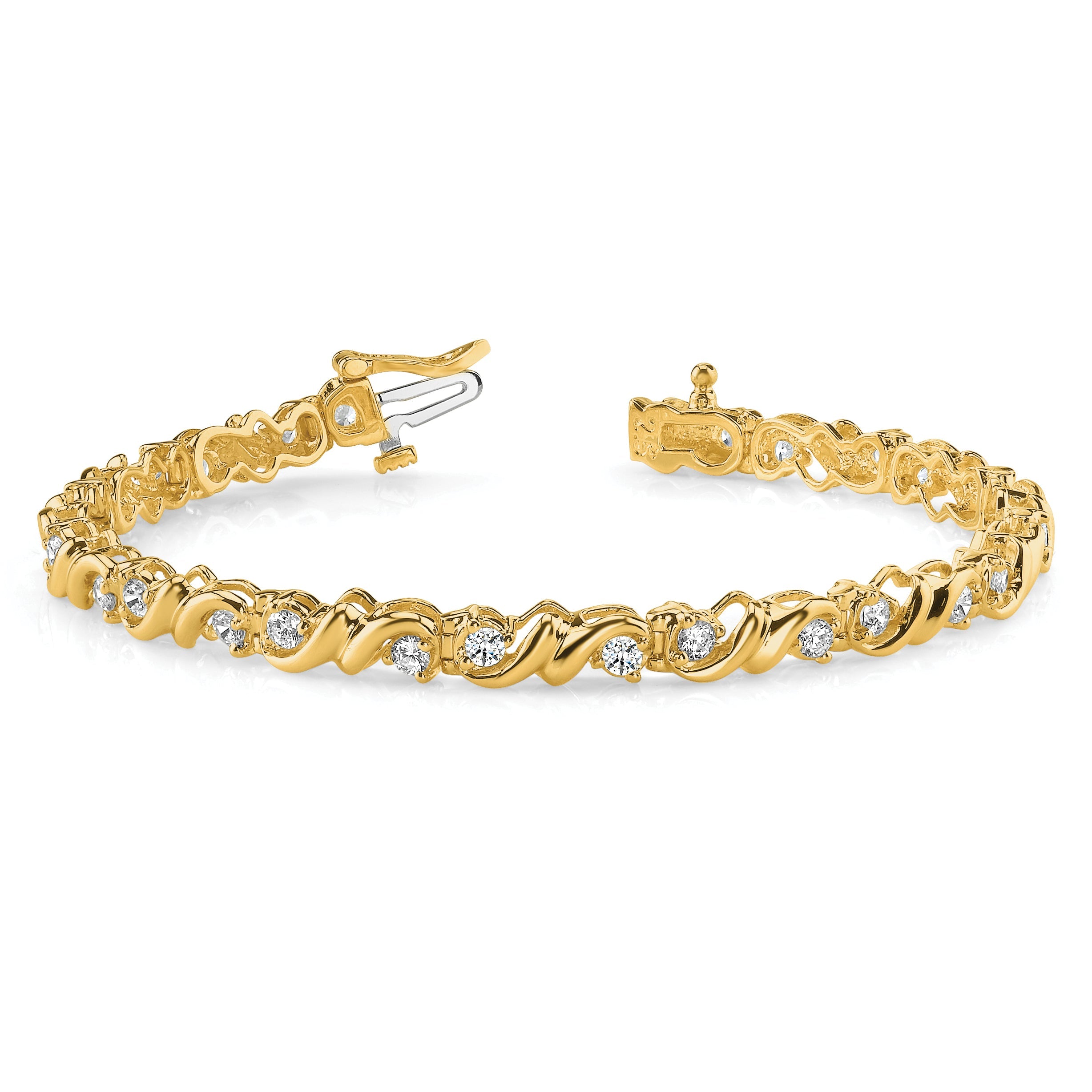 14K Yellow Gold Complete 1.45 Carat Round Aa Diamond Fancy Swirl 7 Inch Tennis Bracelet
