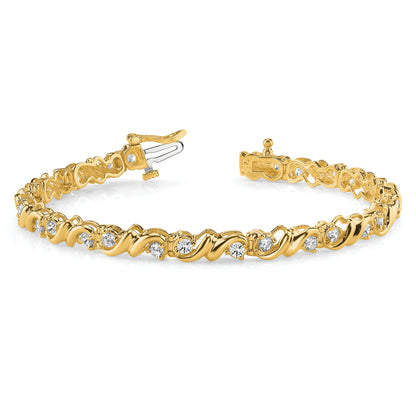 14K Yellow Gold Complete 1.45 Carat Round Aa Diamond Fancy Swirl 7 Inch Tennis Bracelet