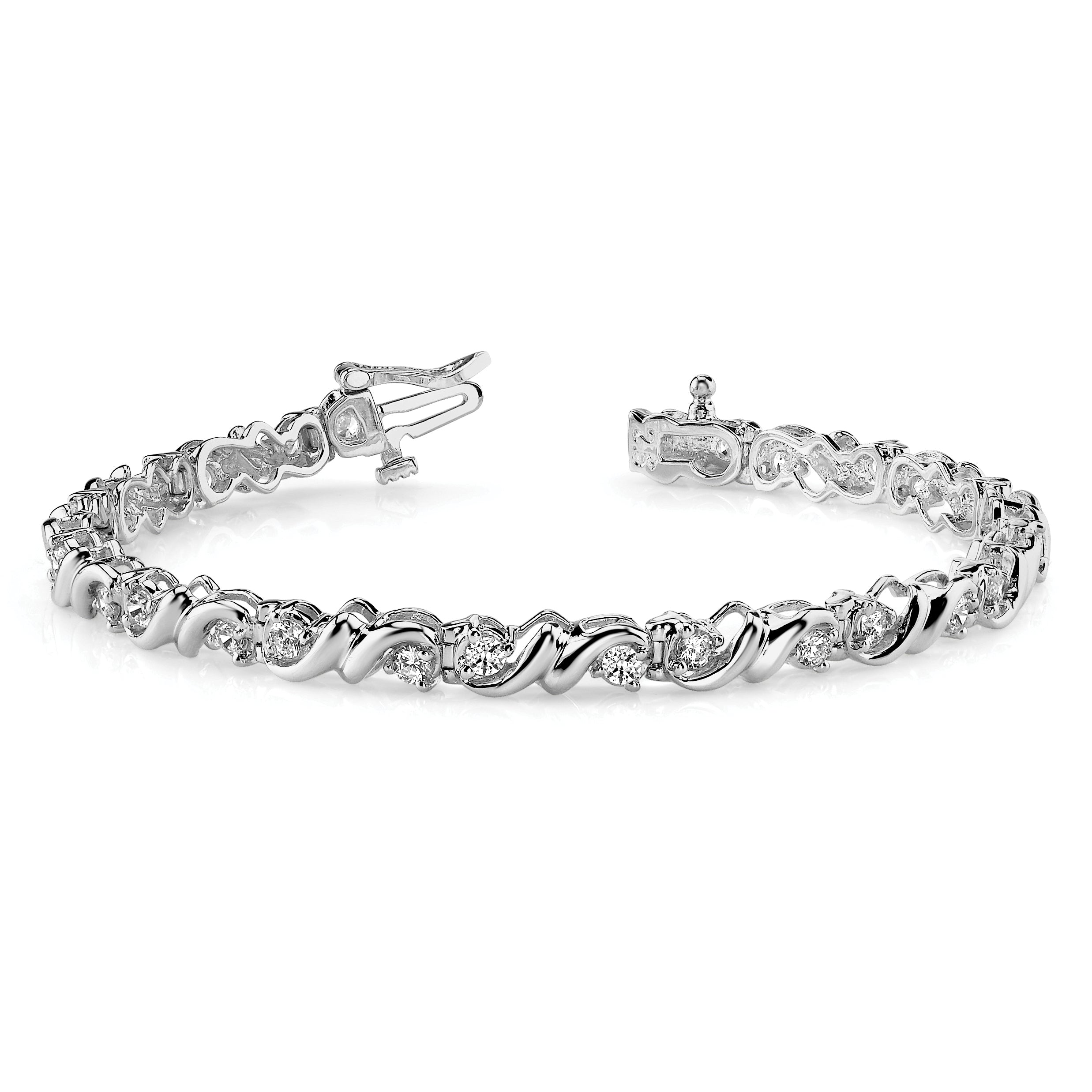 14K White Gold Complete 1.45 Carat Round Aa Diamond Fancy Swirl 7 Inch Tennis Bracelet