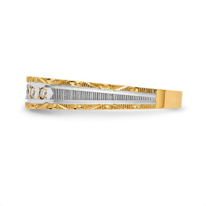 14K Yellow Gold And Rhodium Aa Quality 1/20 Carat Diamond Trio Ladies Complete Wedding Band