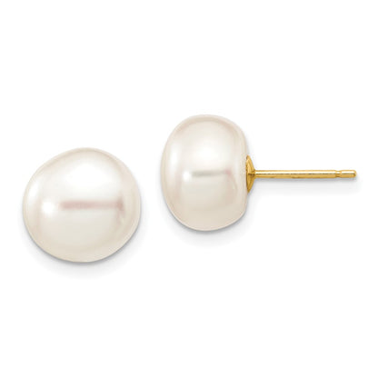 14K Yellow Gold 9 10mm White Button Freshwater Cultured Pearl Stud Post Earrings