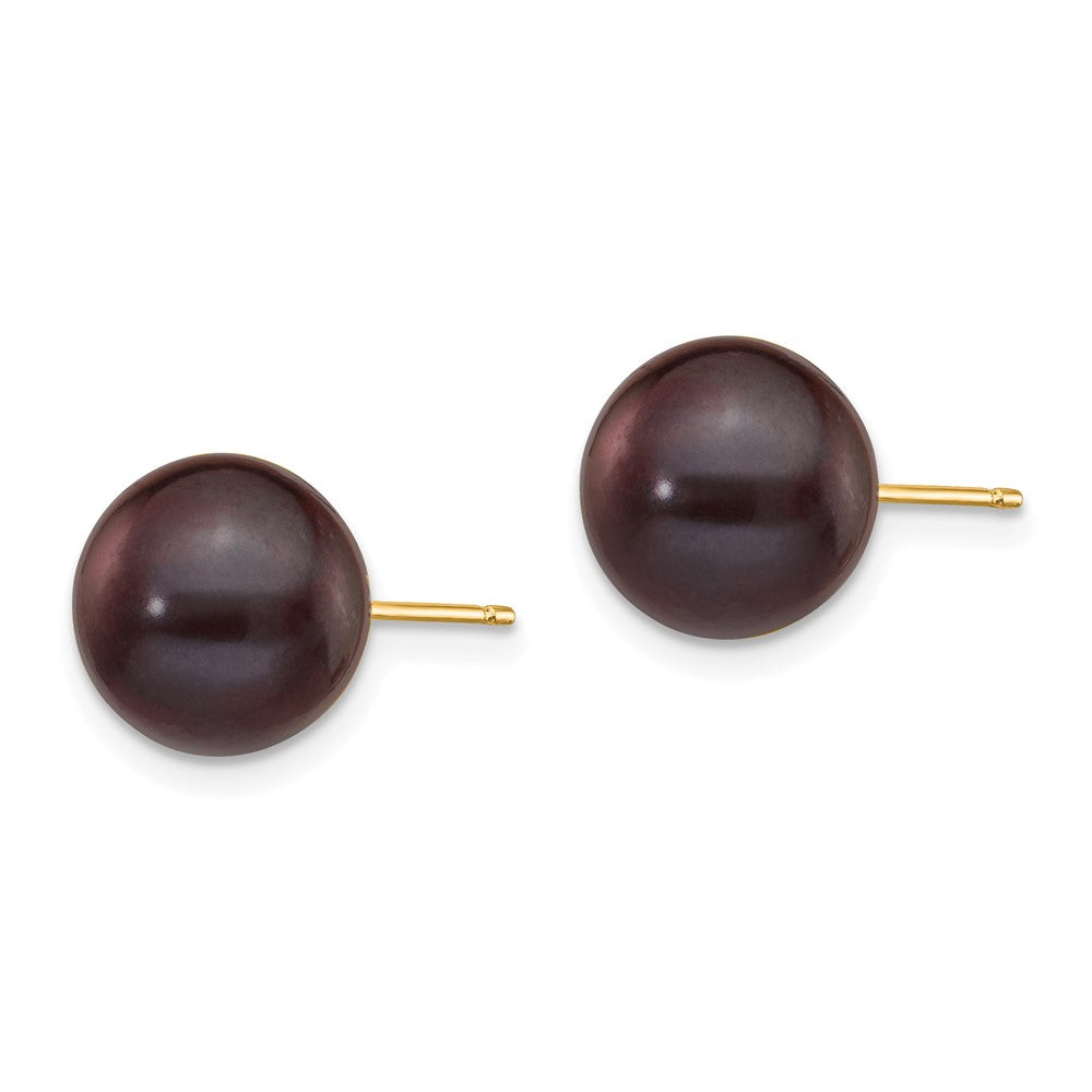 14K Yellow Gold 9 10mm Black Round Freshwater Cultured Pearl Stud Post Earrings