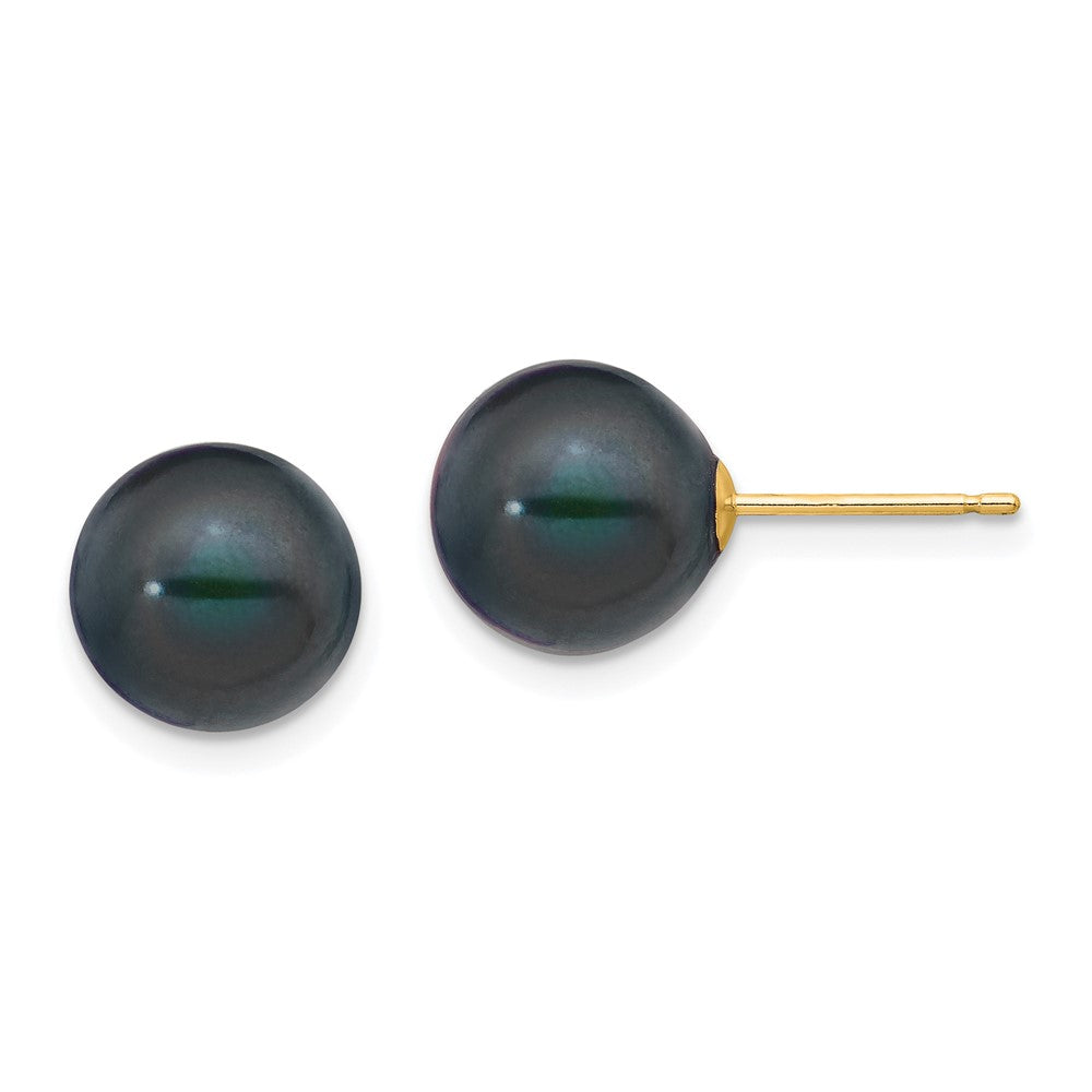 14K Yellow Gold 9 10mm Black Round Freshwater Cultured Pearl Stud Post Earrings