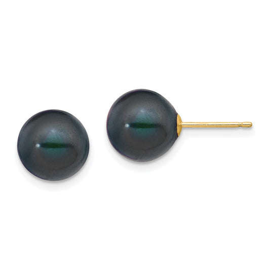 14K Yellow Gold 9 10mm Black Round Freshwater Cultured Pearl Stud Post Earrings