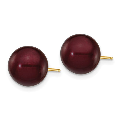 14K Yellow Gold 9 10mm Brown Round Freshwater Cultured Pearl Stud Post Earrings