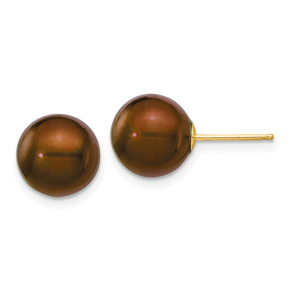 14K Yellow Gold 9 10mm Brown Round Freshwater Cultured Pearl Stud Post Earrings
