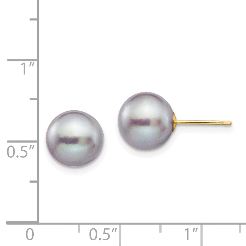 14K Yellow Gold 9 10mm Grey Round Freshwater Cultured Pearl Stud Post Earrings