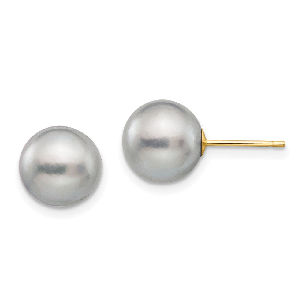 14K Yellow Gold 9 10mm Grey Round Freshwater Cultured Pearl Stud Post Earrings