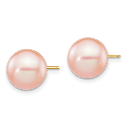 14K Yellow Gold 9 10mm Pink Round Freshwater Cultured Pearl Stud Post Earrings