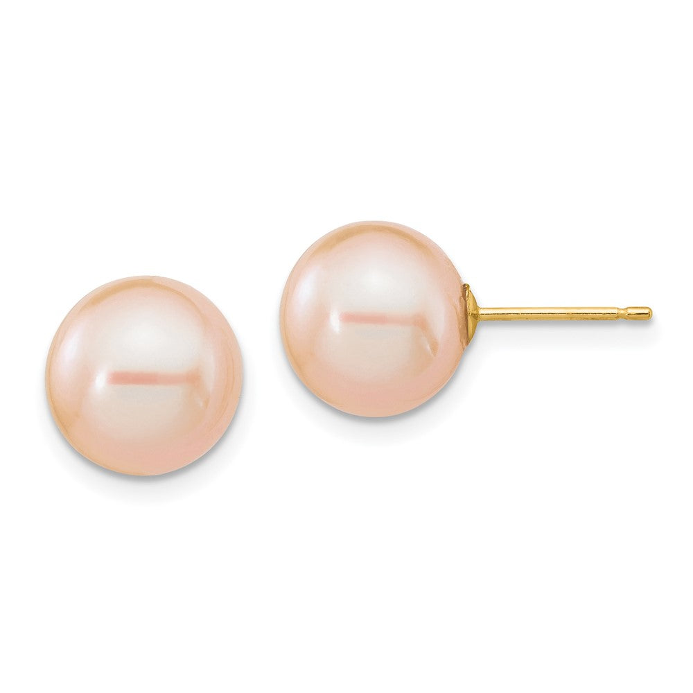 14K Yellow Gold 9 10mm Pink Round Freshwater Cultured Pearl Stud Post Earrings