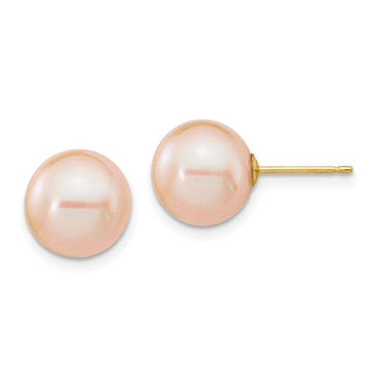 14K Yellow Gold 9 10mm Pink Round Freshwater Cultured Pearl Stud Post Earrings