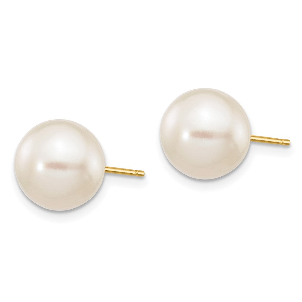 14K Yellow Gold 9 10mm White Round Freshwater Cultured Pearl Stud Post Earrings