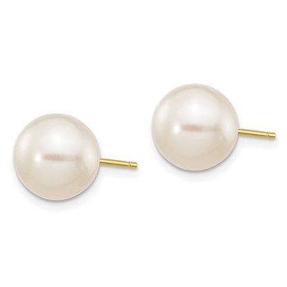 14K Yellow Gold 9 10mm White Round Freshwater Cultured Pearl Stud Post Earrings