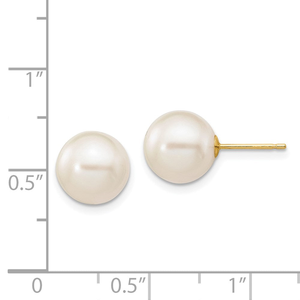 14K Yellow Gold 9 10mm White Round Freshwater Cultured Pearl Stud Post Earrings