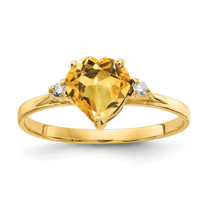 14K Yellow Gold 7mm Heart Citrine A Diamond Ring
