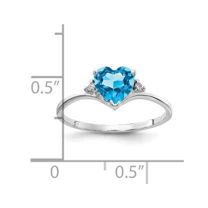 14K White Gold 6mm Heart Blue Topaz Aaa Diamond Ring