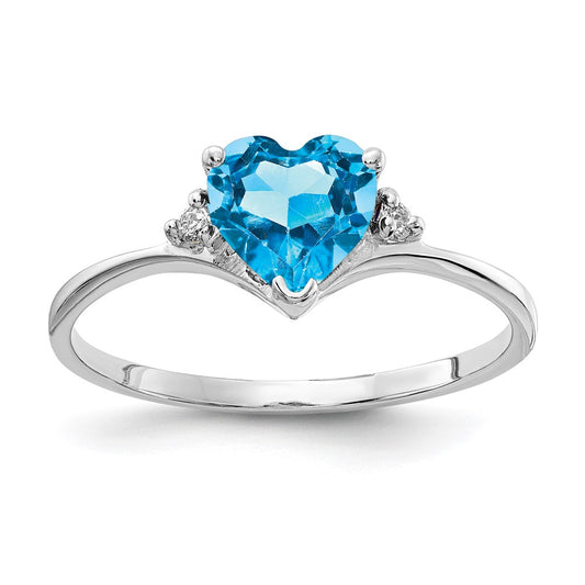 14K White Gold 6mm Heart Blue Topaz Aaa Diamond Ring