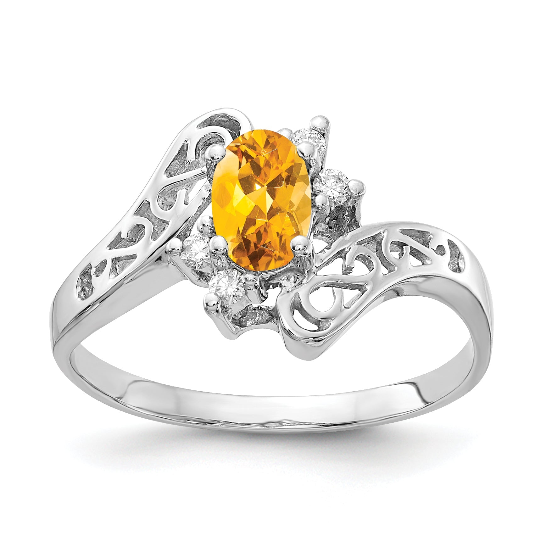 14K White Gold 6X4mm Oval Citrine Vs Diamond Ring