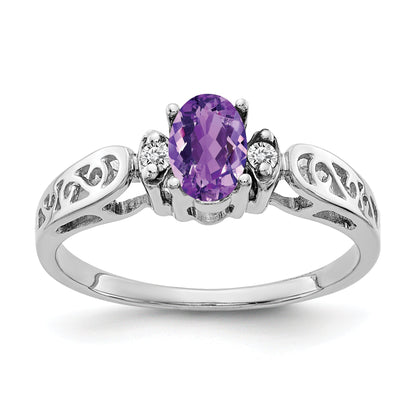 14K White Gold 6X4mm Oval Amethyst Checker Aaa Diamond Ring