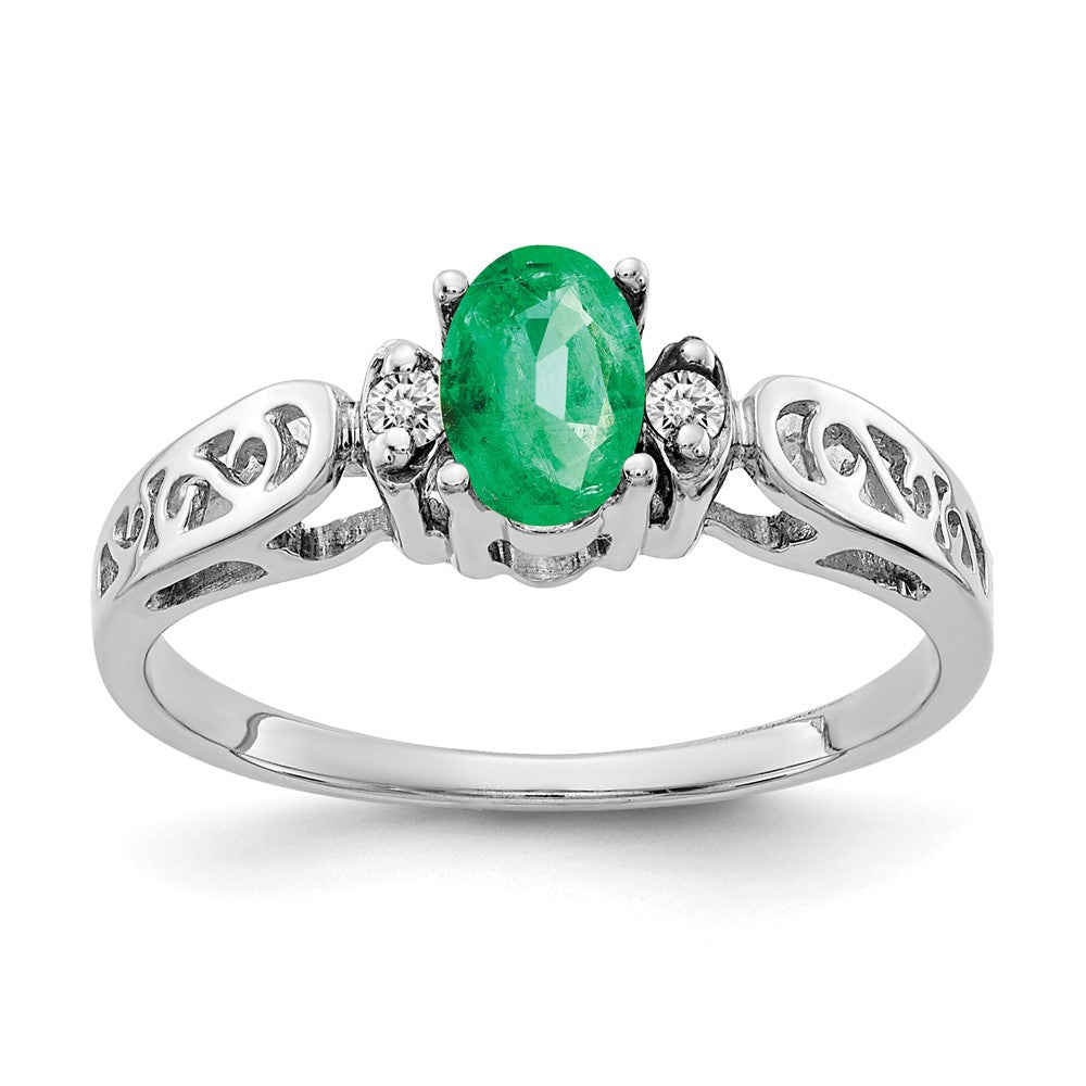 14K White Gold 6X4mm Oval Emerald Aaa Diamond Ring