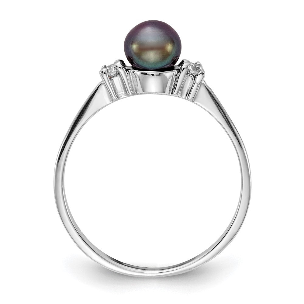 14K White Gold 5mm Black Fw Cultured Pearl Vs Diamond Ring