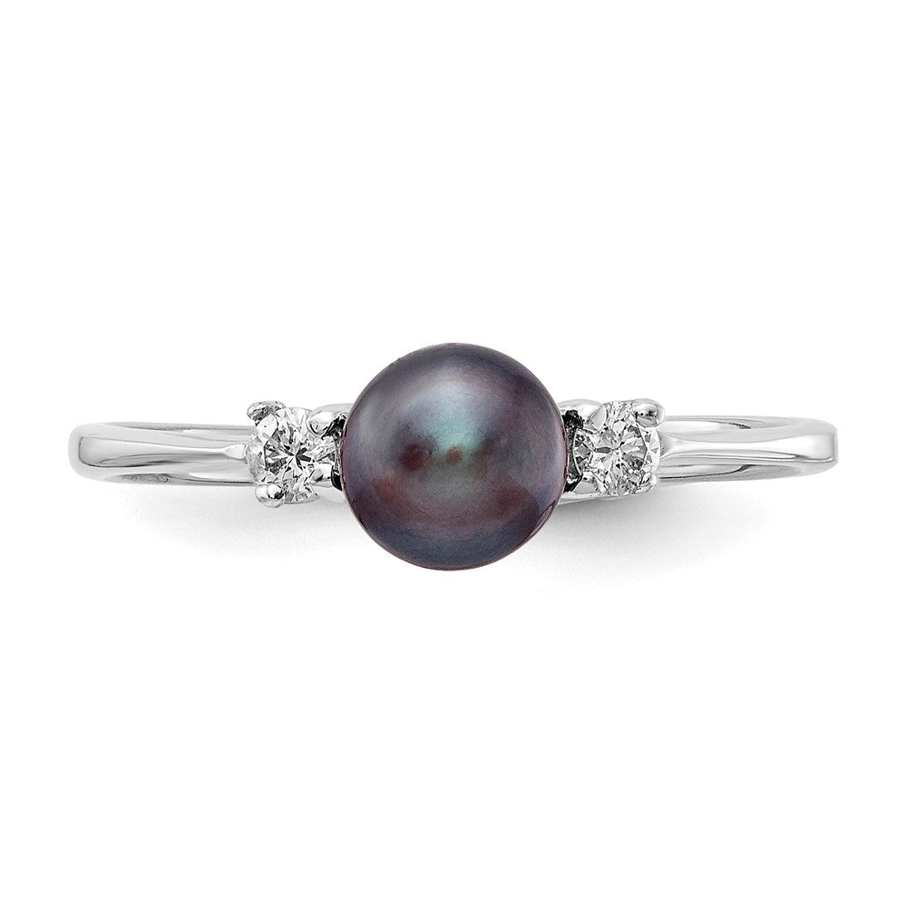 14K White Gold 5mm Black Fw Cultured Pearl Vs Diamond Ring