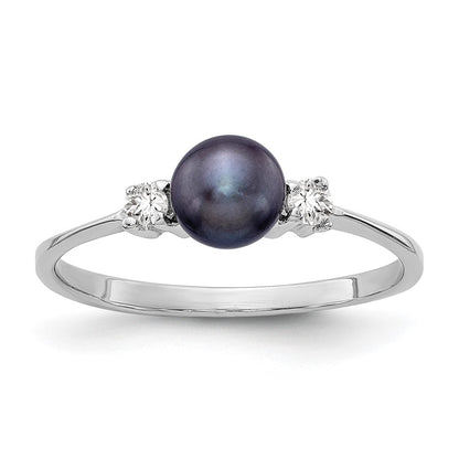 14K White Gold 5mm Black Fw Cultured Pearl Vs Diamond Ring