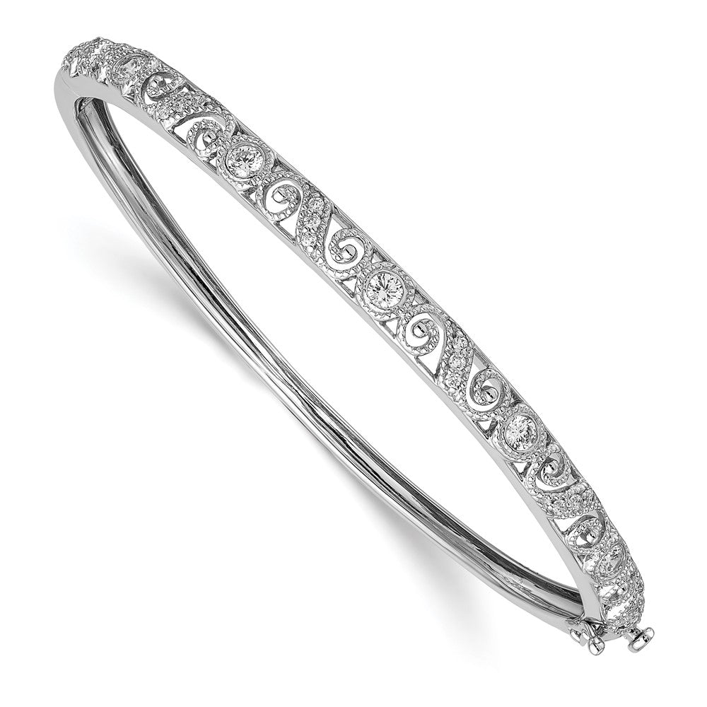 14K White Gold Swirl Design Complete 3/4 Carat A Diamond Hinged Oval Bangle Bracelet