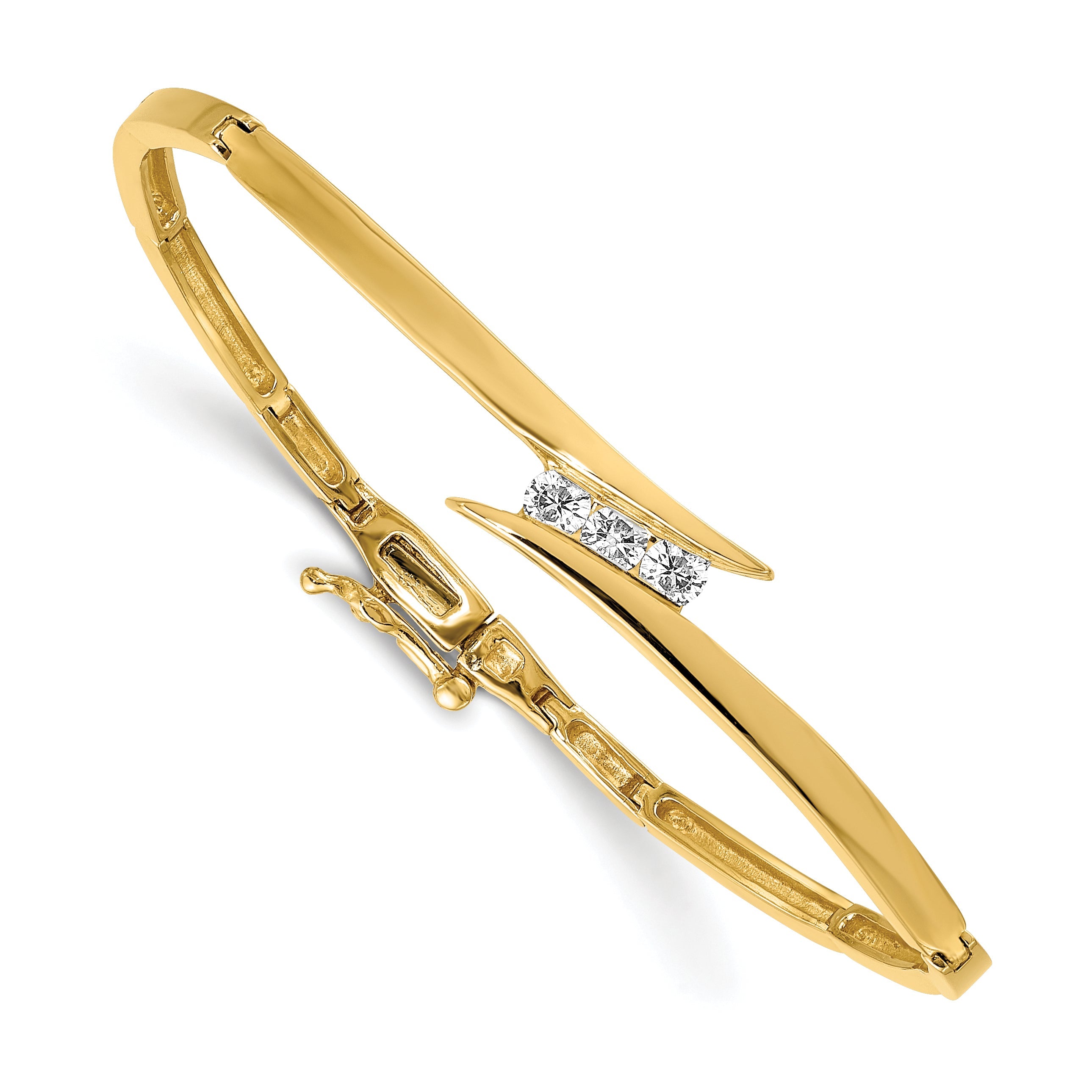 14K Yellow Gold Complete 3 Stone 1/4 Carat Aa Diamond Hinged Bangle Bracelet