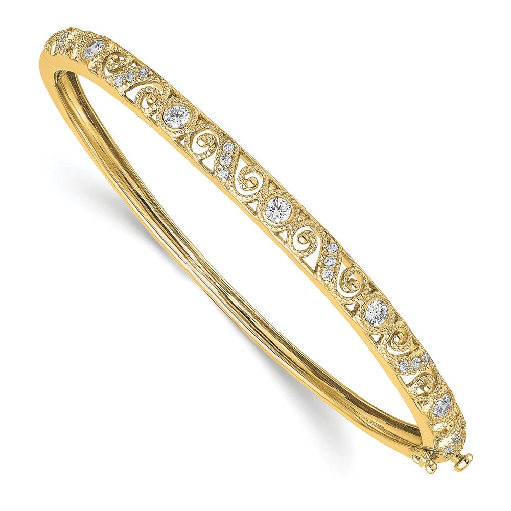 14K Yellow Gold Swirl Design Complete 3/4 Carat Aaa Diamond Hinged Oval Bangle Bracelet