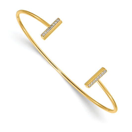 14K Yellow Gold Polished Complete 1/6 Carat A Diamond Bar Flexible Cuff Bangle Bracelet