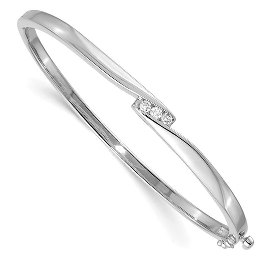 14K White Gold Complete 3 Stone 1/8 Carat Vs Diamond Hinged Oval Bangle Bracelet