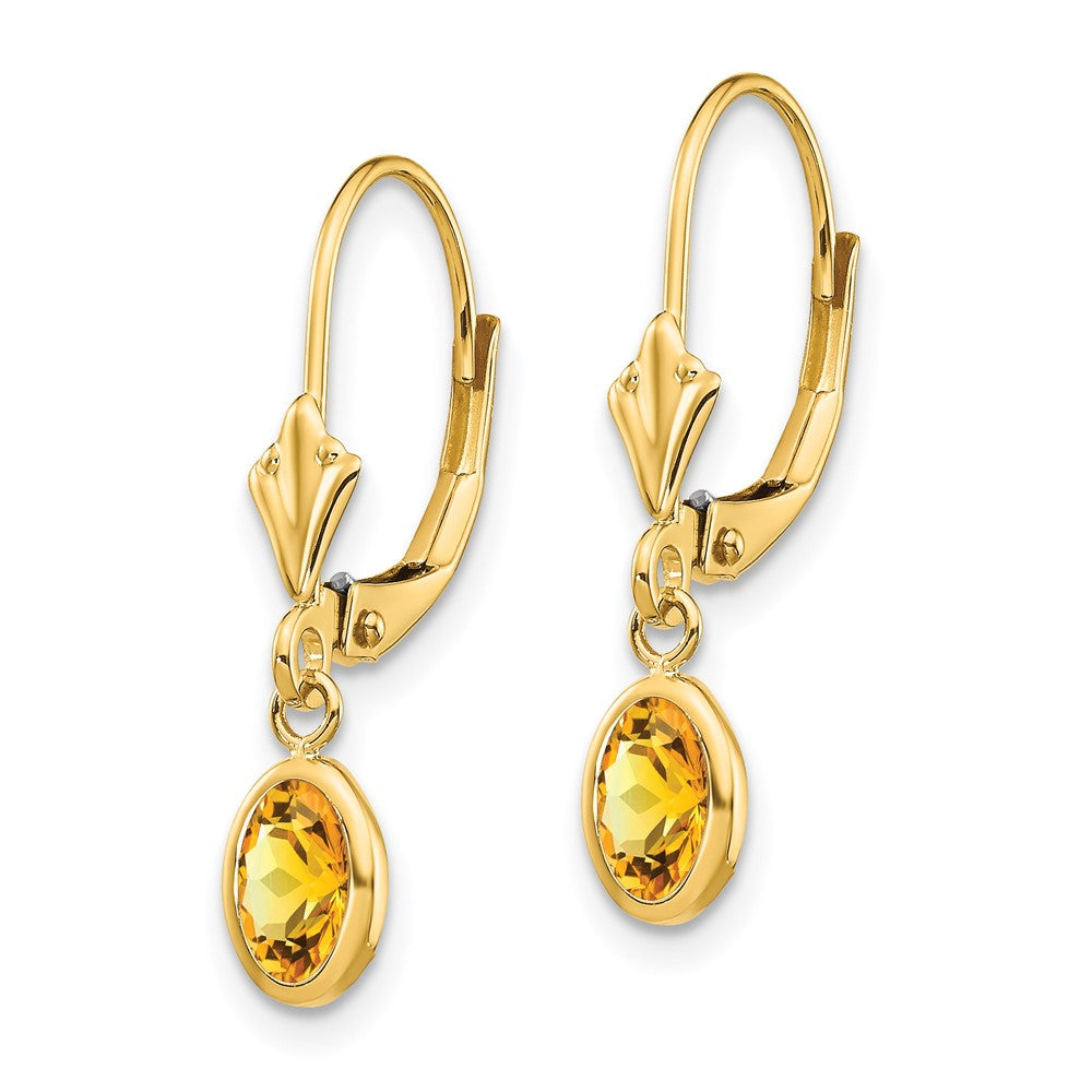 14K Yellow Gold 6X4 Oval Bezel November/Citrine Leverback Earrings