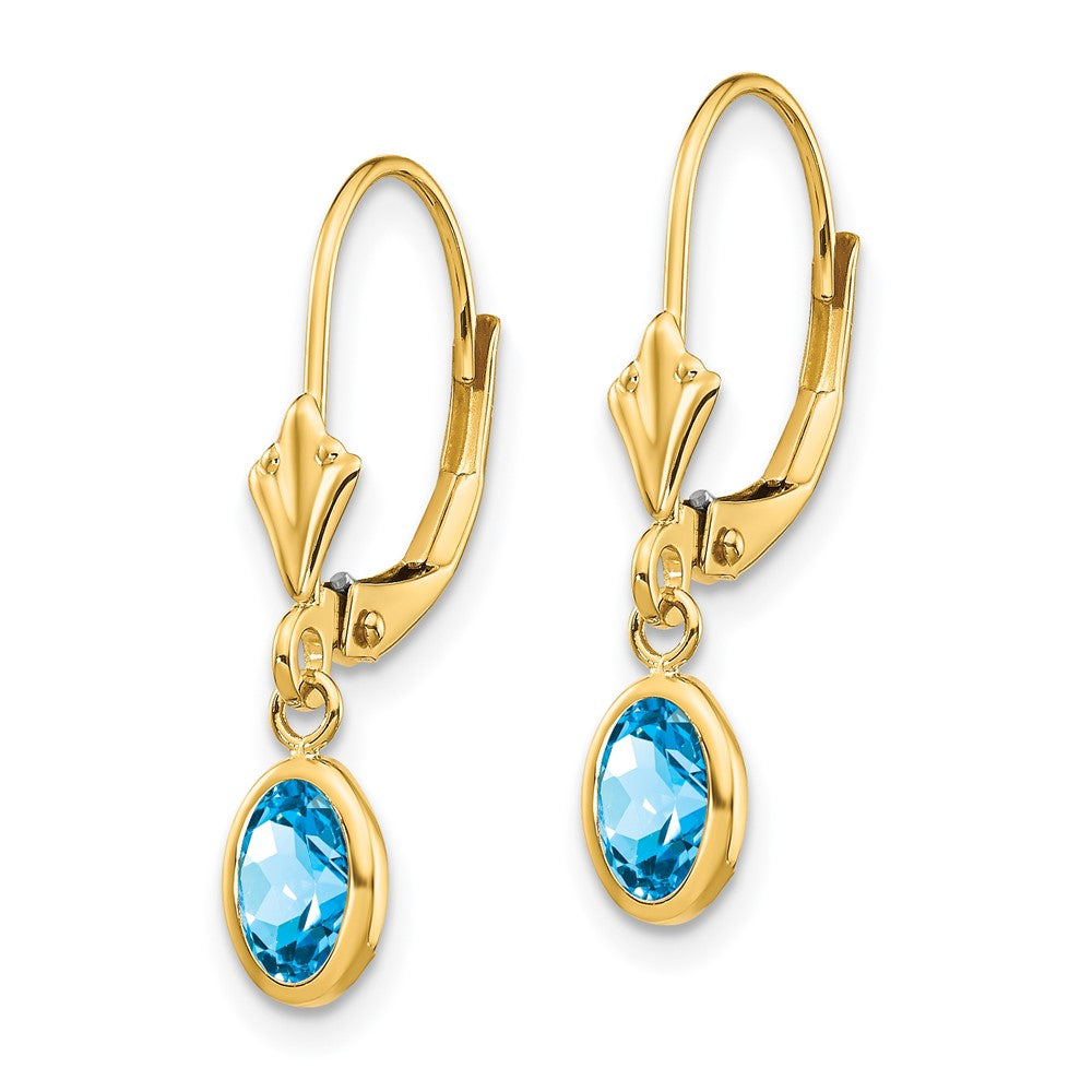 14K Yellow Gold 6X4 Oval Bezel December/Blue Topaz Leverback Earrings