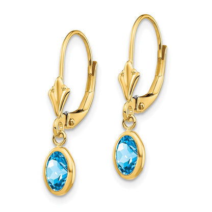 14K Yellow Gold 6X4 Oval Bezel December/Blue Topaz Leverback Earrings