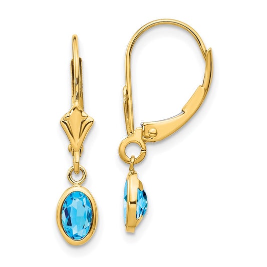 14K Yellow Gold 6X4 Oval Bezel December/Blue Topaz Leverback Earrings
