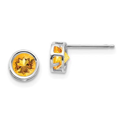 14K White Gold 5mm Bezel Citrine Stud Earrings