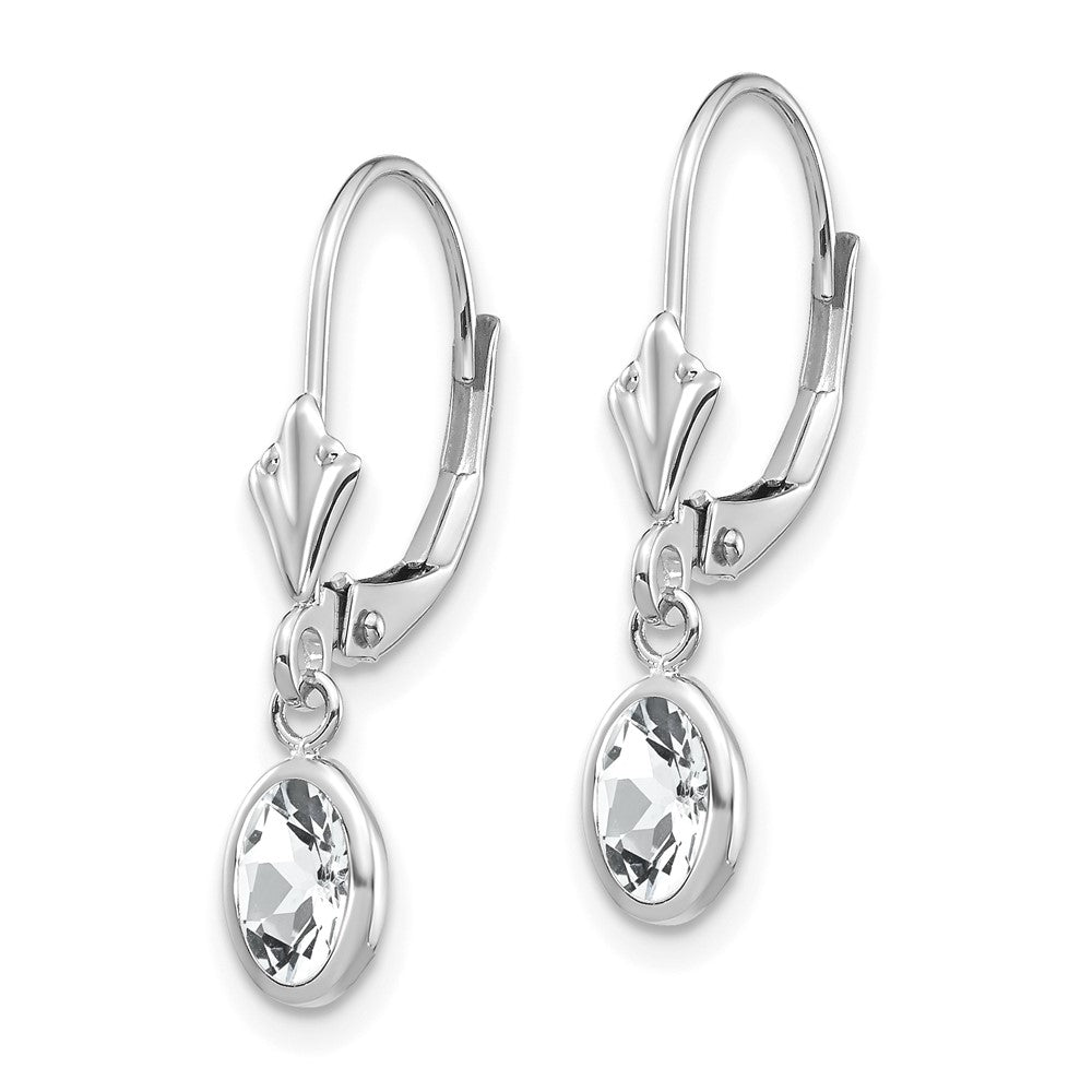 14K White Gold Wg 6X4 Oval Bezel April/White Topaz Leverback Earrings