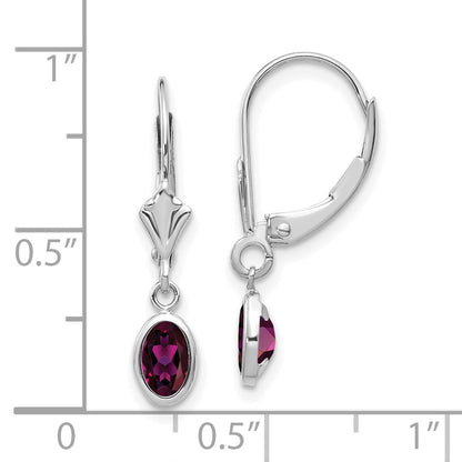 14K White Gold 6X4 Oval Bezel June/Rhodolite Leverback Earrings