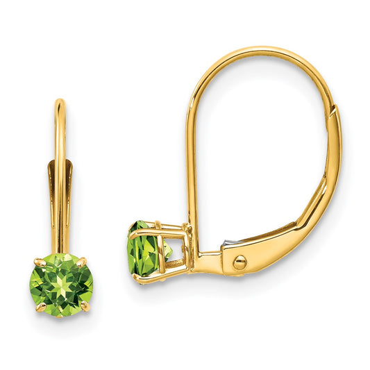 14K Yellow Gold 4mm Round August/Peridot Leverback Earrings