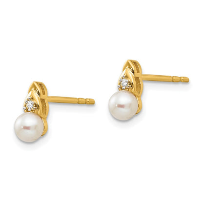 14K Yellow Gold Fw Cultured Pearl And Diamond Earrings