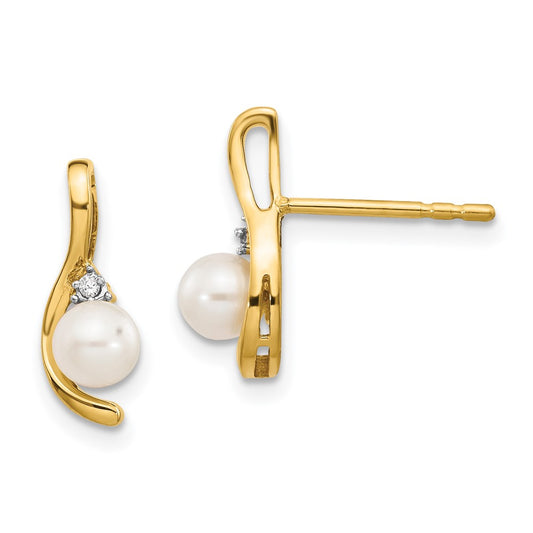 14K Yellow Gold Fw Cultured Pearl And Diamond Post Earrings