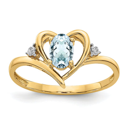 14K Yellow Gold Aquamarine And Diamond Heart Ring