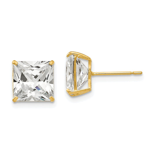 14K Yellow Gold 8mm Square Cz Post Earrings