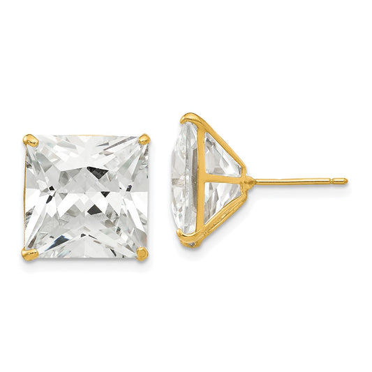 14K Yellow Gold 12mm Square Cz Post Earrings