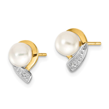 14K Yellow Gold 5 6mm White Button Fwc Pearl .01Ct Diamond Post Earrings