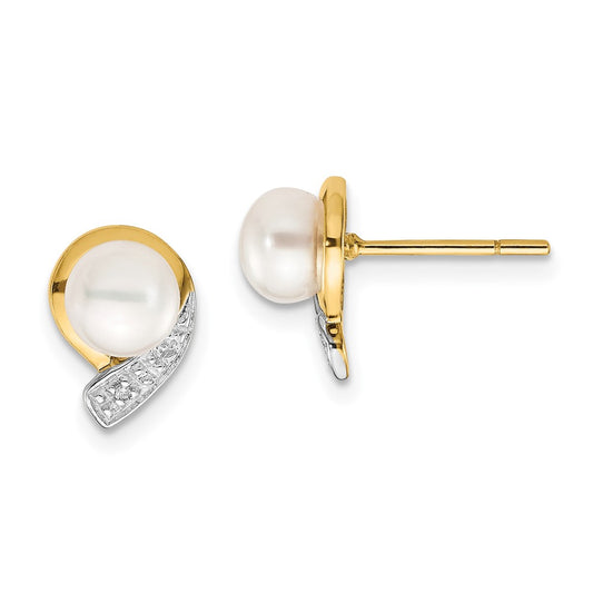 14K Yellow Gold 5 6mm White Button Fwc Pearl .01Ct Diamond Post Earrings