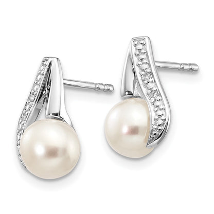 14K White Gold 6 7mm Button Fwc Pearl .02Ct Diamond Post Earrings