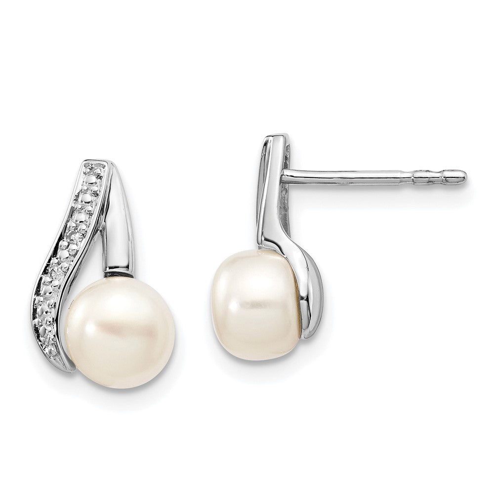 14K White Gold 6 7mm Button Fwc Pearl .02Ct Diamond Post Earrings
